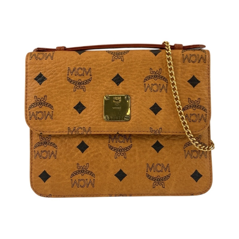 MCM Visetos Logogram Brown Gold Hardware Leather Chain Shoulder Bag/Handbag 2...